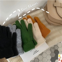(Touch screen thickened)Solid color wool gloves knitted brushed cold warm couple student Korean version of winter cute