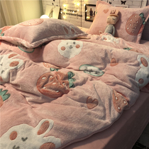 Cartoon Cute Lucky Strawberry Rabbit Teenage Girl Hearts Girl Bed Snowflake Suede Thickened Warm Bed Cover Four Sets