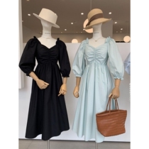 Fresh and elegant stream green dress womens spring and autumn new Korean version of the wild waist thin square collar mid-length skirt