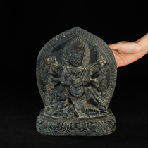 Degree Hall> Tibetan Tantric Old Buddha Statue Giant Edition Treasure-level Black Stone Carved Six-armed Mahagara Protected Statue