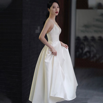 Travel light wedding dress 2021 new French retro satin forest suspender deep V sexy white simple small dress