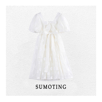 Milk skin super-looking French bubble skirt retro backless white dress high waist temperament first love skirt
