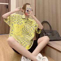 ins tide brand POLO collar smiley face plaid T-shirt womens loose medium-long bf lazy wind foreign style all-match knitted top
