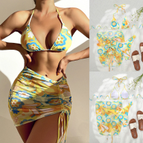 2021 Europe and the United States new floral triangle cup strap bikini three-piece set beach resort spice girl bikini