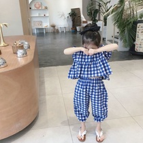  Girls  fashionable summer Korean suit Western style little girl ruffle plaid doll shirt Bloomers two-piece set