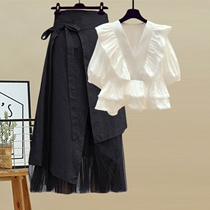Lady sweet summer suit female French ruffled v-neck shirt strap high waist slim skirt (within 5 days
