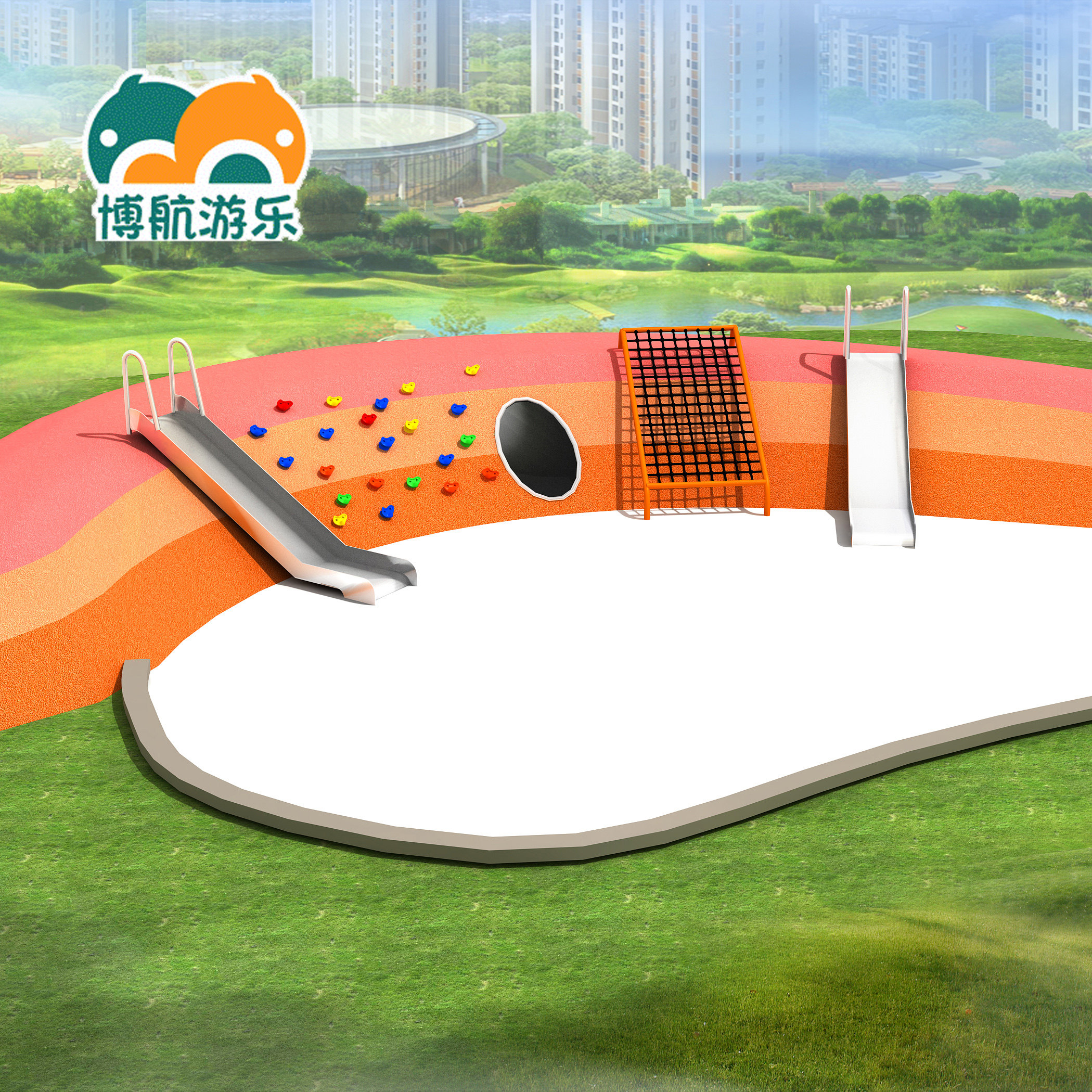 Custom large combination spiral flat stainless steel slide shopping mall childrens playground drill hole outdoor expansion climbing