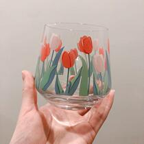 ins Han style printed tulip glass cup hand painted flowers mug milk cup coffee cup home net red water glass