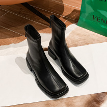 Hong Kong style Tide brand square head boots female winter 2021 New British style short boots black back zipper Martin boots Joker