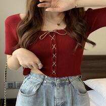 2021 summer new design sense niche short red sweater top bottoming shirt square collar short-sleeved t-shirt women
