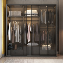 Wardrobe modern minimalist push-pull glass door multifunctional storage big wardrobe Nordic home bedroom cabinet locker