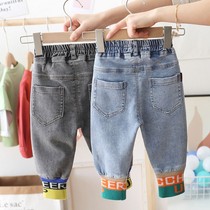 Children's clothing boys jeans spring and autumn children plus velvet casual pants 2021 new baby winter long pants tide