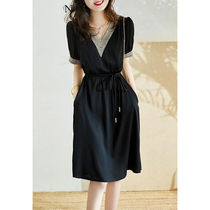 Light luxury womens temperament lace-up waist thin high-end dress 2021 new summer short-sleeved medium-long skirt