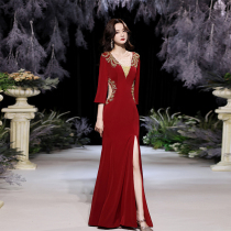 Toast to the bride 2022 new temperament Long sleeves Wedding Happy Lady Parents-in-law Wedding Party Red Host Evening Gown