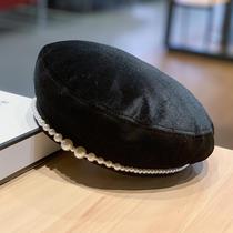 Japanese designer pearl beret children autumn and winter velvet bud hat British retro black Joker painter hat