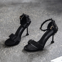 2021 European and American style black shoes round head fine heel high heel small shoes thin and good-looking