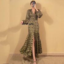 2021 early autumn new female v-neck split socialite print dress long temperament fashion lotus leaf skirt long sleeve