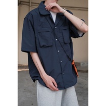 Summer new Japanese loose three-dimensional pocket solid color wild Cuban collar national tide tooling short-sleeved shirt men and women