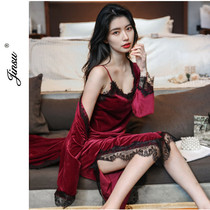 Bride morning gown long autumn and winter red robe female wedding bridesmaid two-piece sexy lace wedding pajamas winter