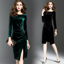 2021 Spring and Autumn new dress women long sleeve slim gold velvet Medium-length dress waist one step skirt temperament