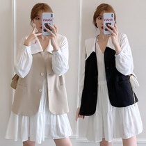  Pregnant women spring and autumn sky wear season large size loose vest net red casual shirt Korean version of the top two-piece suit dress