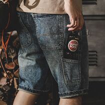 About the American retro - pound knife shorts men summer loose straight tube 2023 new style of old jeans five