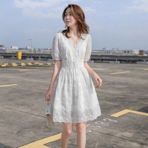  Korean summer new v-neck chiffon short-sleeved waist a-line dress white lace temperament high-end ladies long skirt