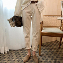 Bryn's rice white jeans women's straight loose autumn and winter plus velvet high waist slim Harlan nine-point dad pants