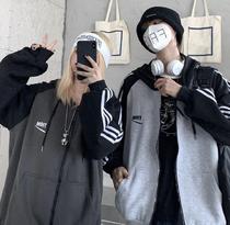 Cardigan coat women Korea Harajuku style retro stitching letter embroidery autumn and winter New loose plus velvet hooded guard
