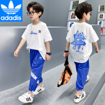 Three-leafed grass boys Summer two sets of childrens clothing 2022 new CUHK child Han version short sleeve round collar t-shirt set tide