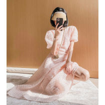 Summer new top luxury grade Eugen yarn houndstooth embossing _ Barcelona elf short sleeve dress outdoor