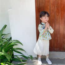 Girls summer suit 2021 new childrens Korean version of the Western style thin retro cheongsam top pleated skirt two-piece set