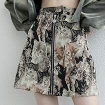 Vintage A-line skirt Jacquard embroidery cat cat print skirt Spring women sweet fresh hip short skirt high waist cool