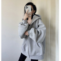 Early autumn gray sweater coat women Spring and Autumn cardigan autumn oversize2021 new hooded plus velvet thickened