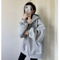 Early autumn gray sweater coat women Spring and Autumn cardigan autumn oversize2021 new hooded plus velvet thickened