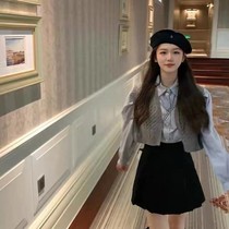 Three-piece set single piece spring and autumn Korean girl temperament sweater jacket short shirt pleated skirt