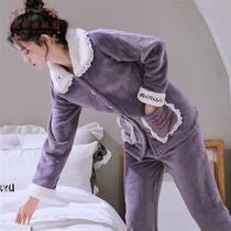 Autumn and winter cartoon ladies thick coral velvet pajamas cardigan large size set casual warm flannel home wear