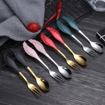 304 stainless steel spoon ins wing spoon Coffee spoon Golden small fork dessert three-tooth fork spoon fork small gift