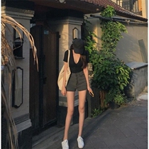 Chic retro high waist slim denim shorts female summer new students wild straight tube a-shaped hot pants
