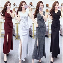 Dress 2021 womens New temperament sexy V collar slim slim bag hip skirt shiny split dress dress skirt