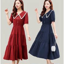 Short Sleeve Dress Women 2021 New Summer Plus Size Waist Slim French Lace Doll Collar Chiffon Long Skirt