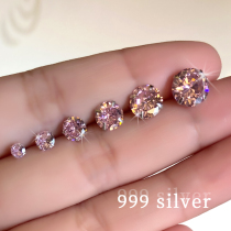 Silver earrings 999 sterling silver pink pink diamond diamonds simple and small men and women flash diamond cochlea nail ear bone nail earrings