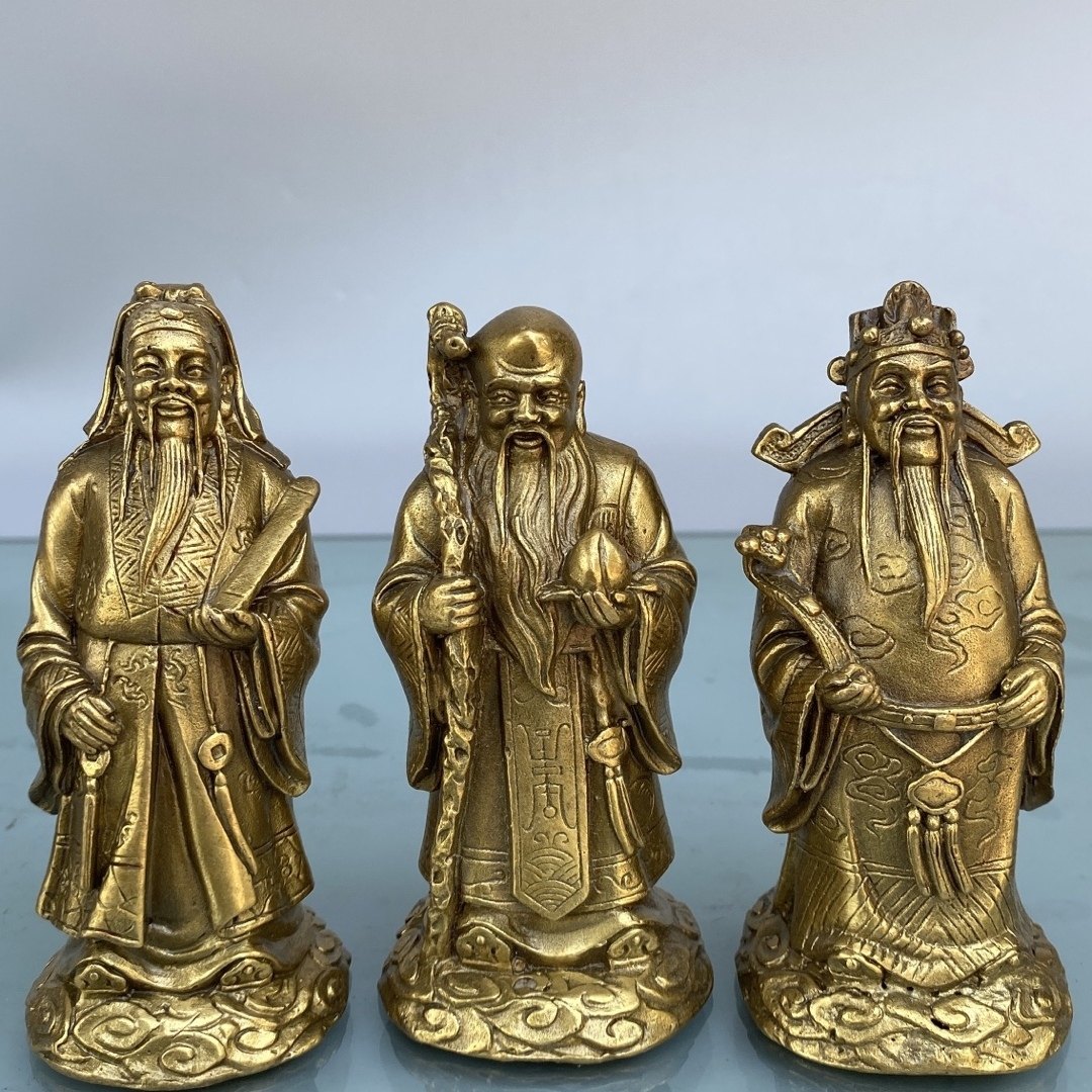 仏教美術　青銅古銅　福禄寿三星像　縁起物　置物　V　7833 青花 福禄寿 三つ星 磁器 神像 置物 工芸品 美術品