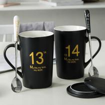 Creative trend ceramic water cup with lid spoon Personality cute mug Coffee cup Couple water cup A couple of models