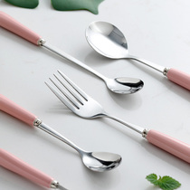 Ceramic handle spoon Stainless steel household creative spoon Cute long handle spoon Korean childrens eating small soup tableware