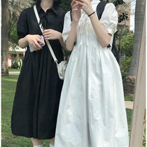 Bow tie-up college style short sleeve POLO collar dress female students Japanese Joker slim long A- line dress