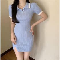 New pure wind knitted dress women 2021 summer temperament slim stretch POLO collar hip short skirt