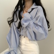Korean chic French niche autumn dress design sense pinstripe loose shirt female simple interior long sleeve top tide