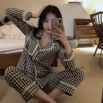 ins pajamas Ladies Spring and Autumn long sleeves Korean Plaid sweet Net red can wear students Leisure home clothes set