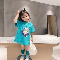 Childrens short-sleeved T-shirt dress new 2021 summer dress small girl medium long top small girl Western style skirt